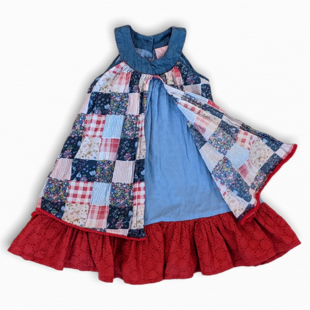Vintage Girls Sleeveless Red Blue Multi Print Dress